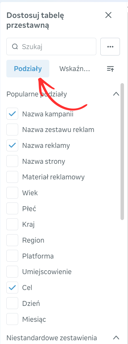 Zakładka Podziały - zaznaczone kolumny