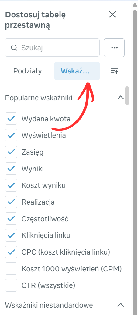 Zakładka Wskaźniki - zaznaczone kolumny