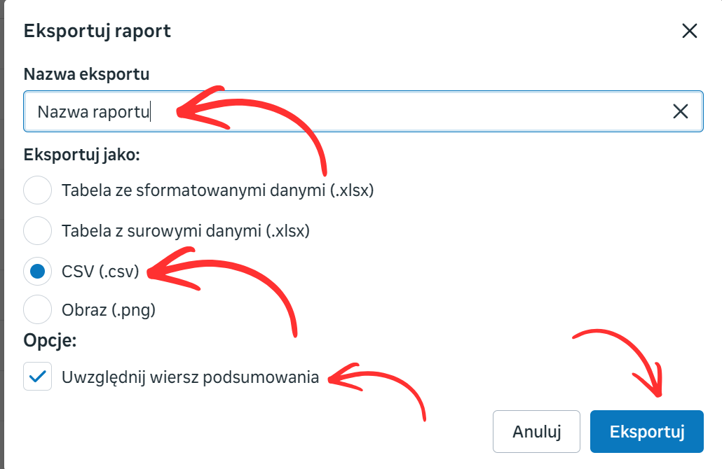 Okno eksportu - wybór CSV i wiersz podsumowania